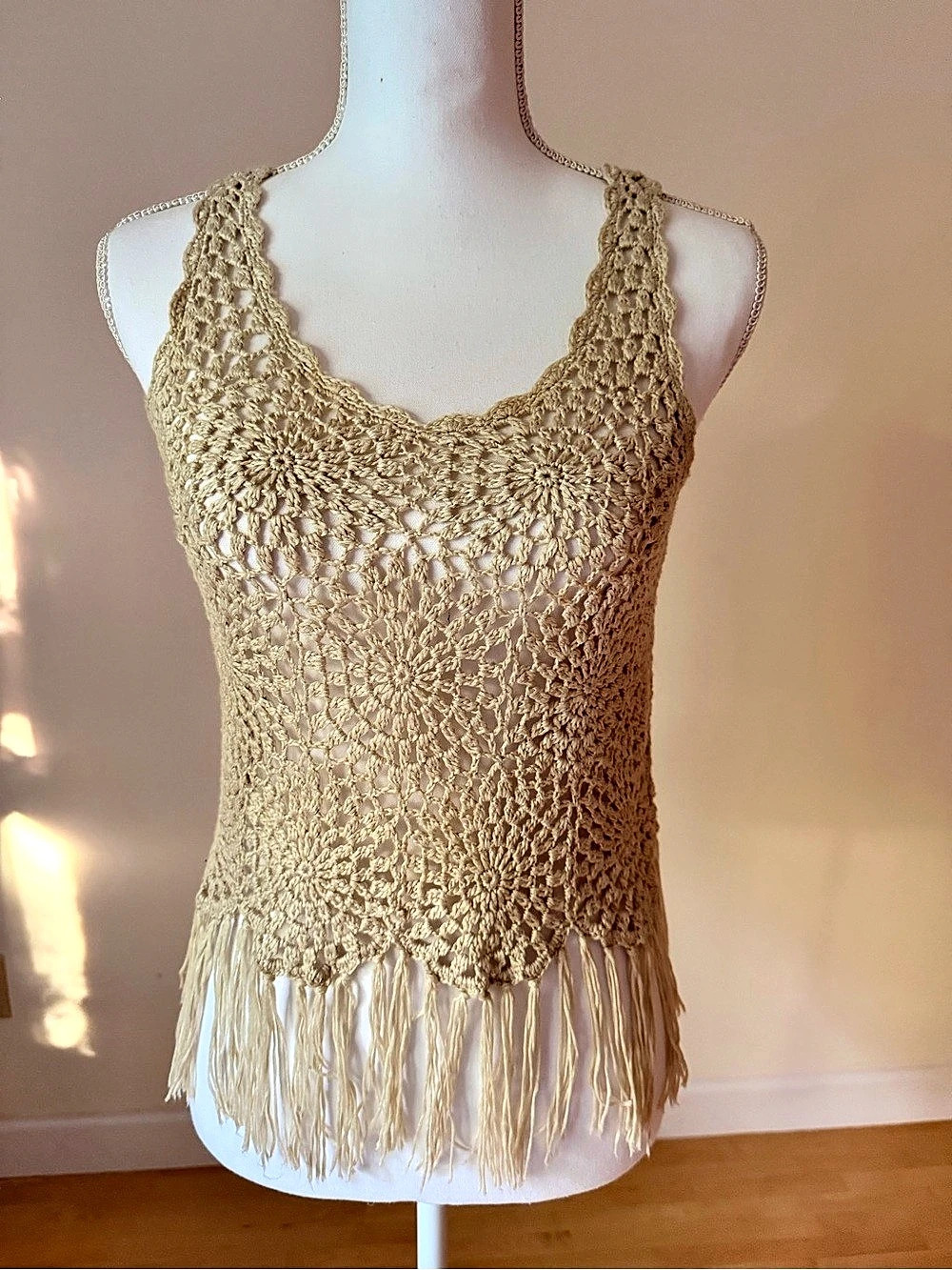 Crochet Fringe Tank Top in Beige